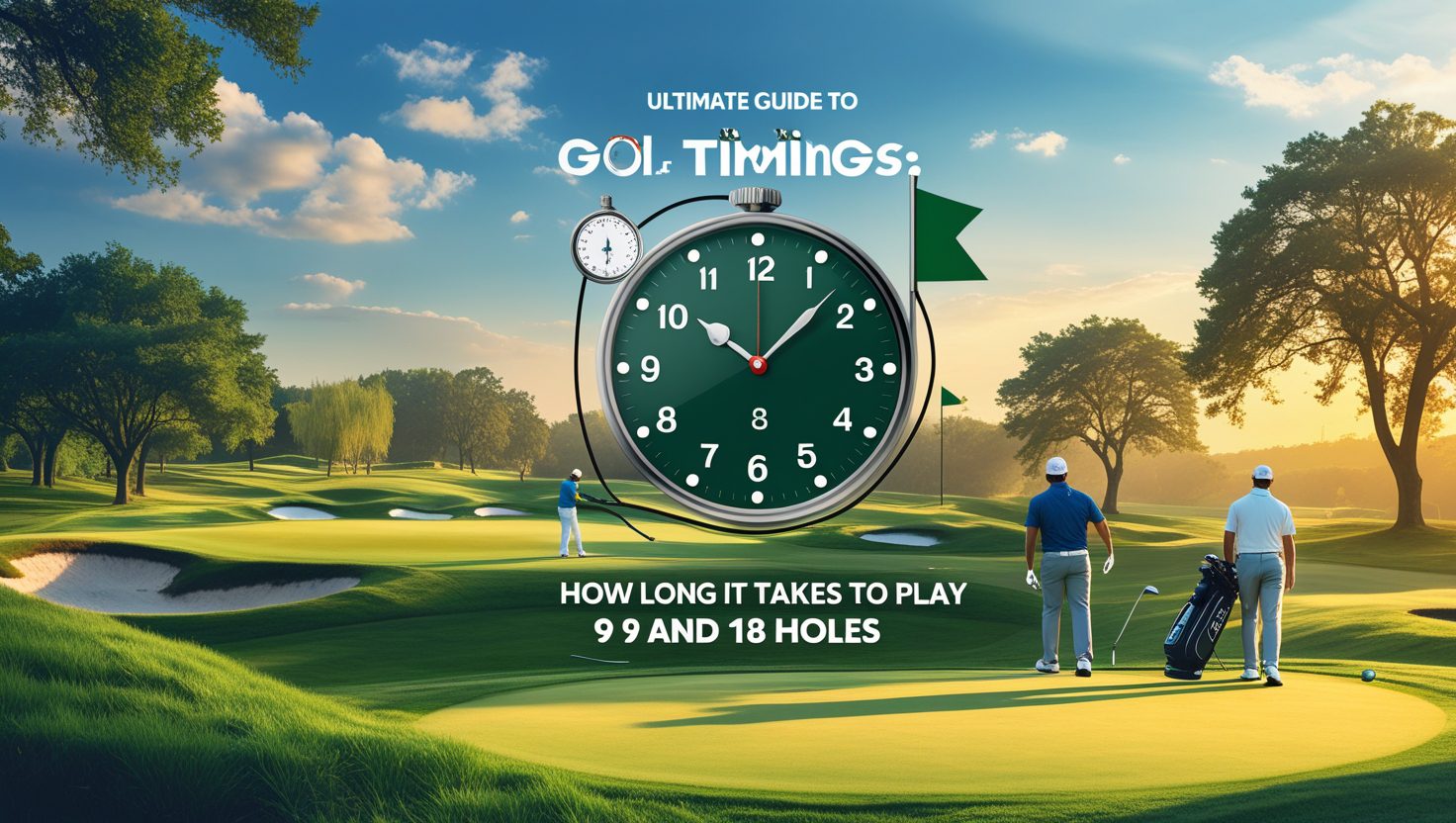 Scenic golf course with players and a stopwatch, illustrating the time it takes to play 9 and 18 holes.