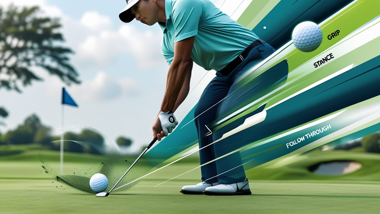 Golfer mid-swing hitting a golf ball off a tee, with motion blur and trajectory lines on a scenic golf course.