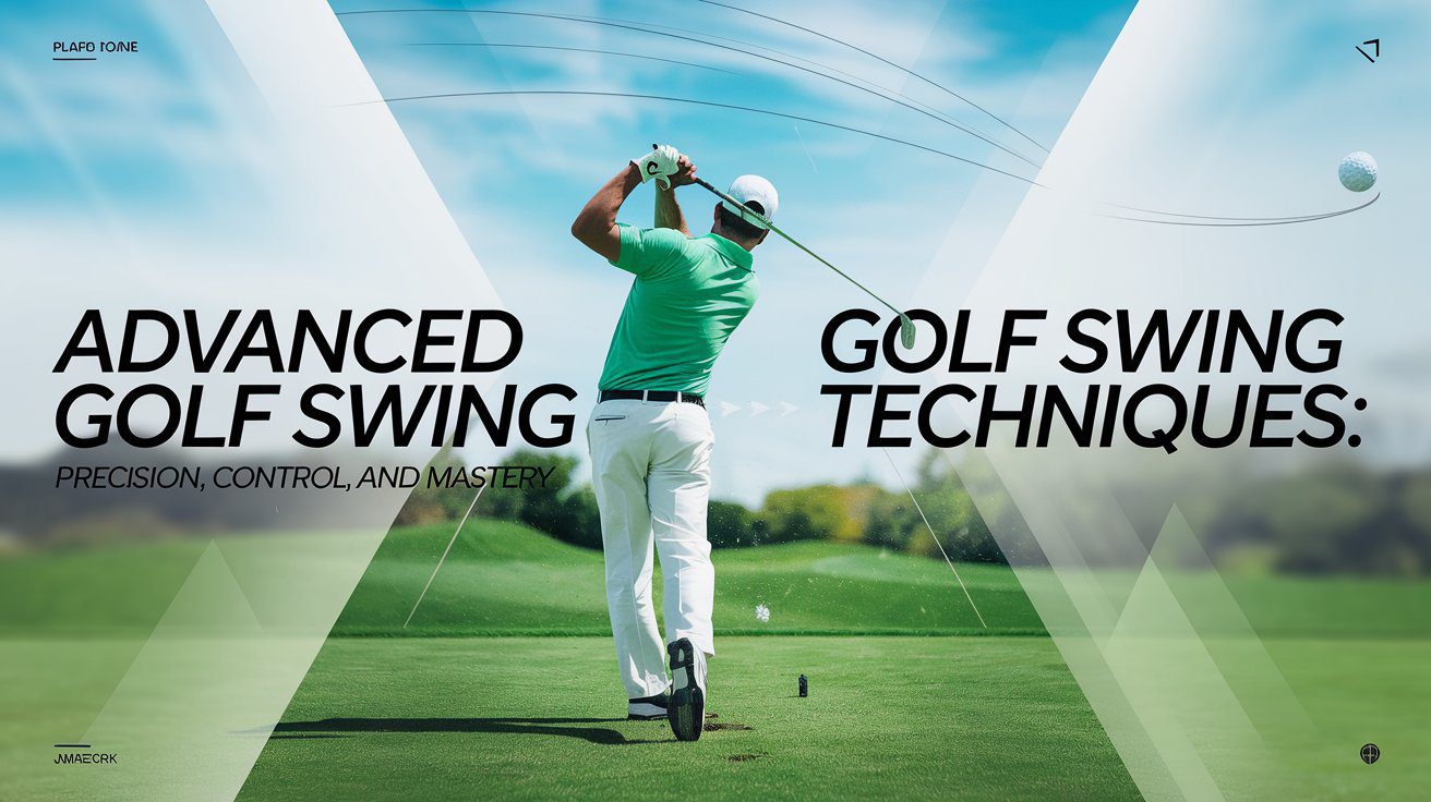 A golfer in mid-swing on a pristine golf course, demonstrating advanced techniques like shot shaping and wind adjustment. The image includes a golf ball in flight with a slight curve, a faint swing plane diagram, and dynamic wind effects, emphasizing precision and control in advanced golf swings.