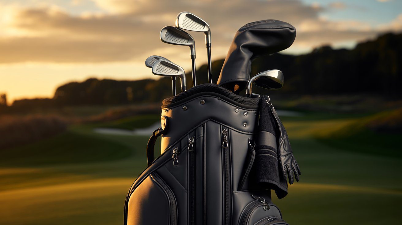 All-black cart golf bag with premium matte finish and sleek design, featuring golf clubs and modern hardware on upscale golf course