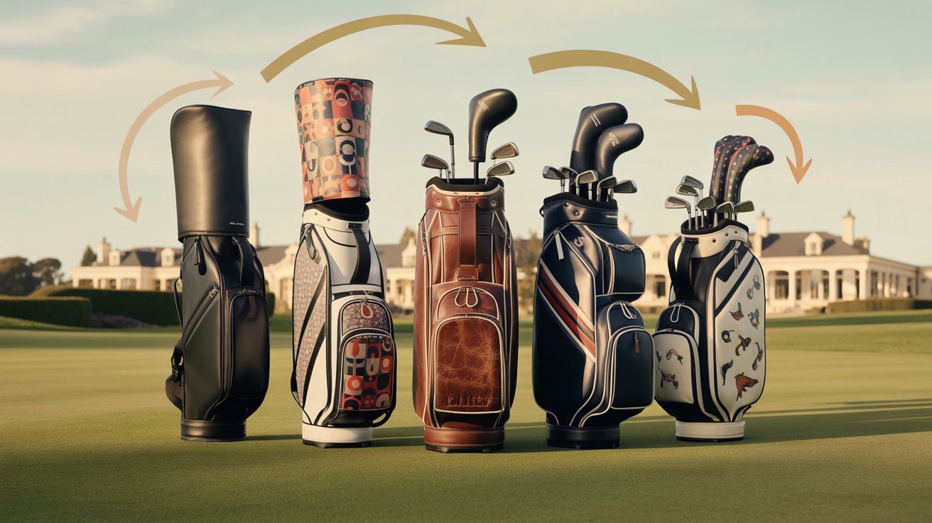 Multiple golf bags in different styles and colors arranged on golf course showing personality-based options for choosing the right golf bag