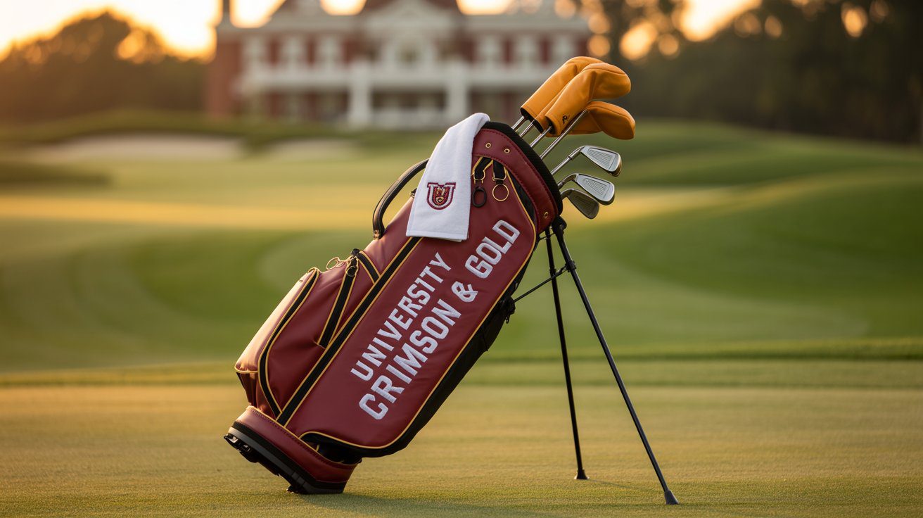 College logo stand golf bag with university branding and school colors, featuring golf clubs and accessories on golf course for alumni golfers