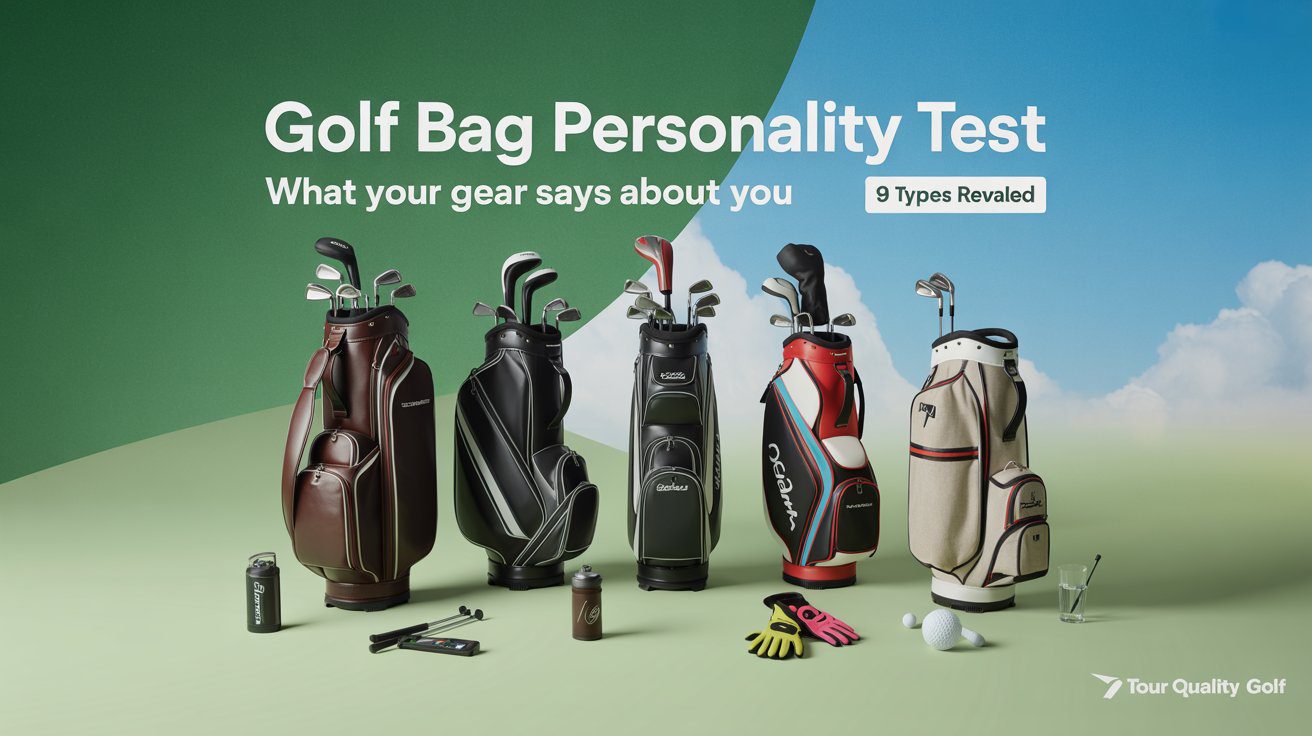 Nine different golf bag types arranged on premium golf course representing golfer personalities from staff bags to simulator setups