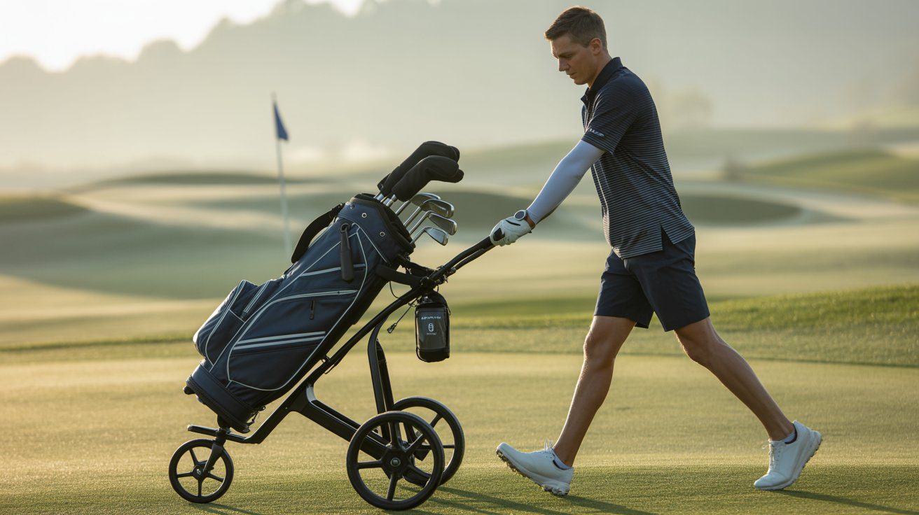 Golf pull cart with lightweight bag and walking accessories representing the Pull Cart Purist golf personality type who walks every round