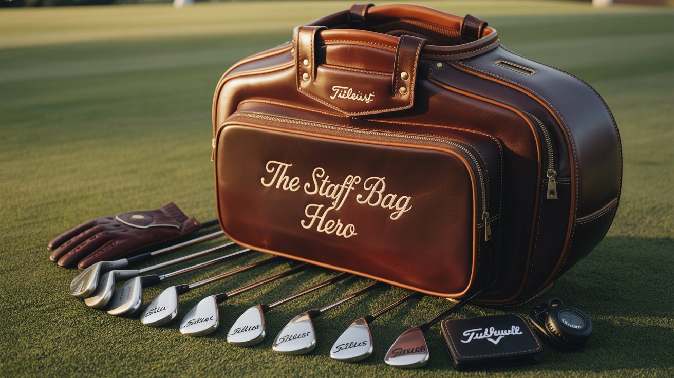 Premium leather staff golf bag with tour-level clubs and luxury accessories representing the Staff Bag Hero golf personality type
