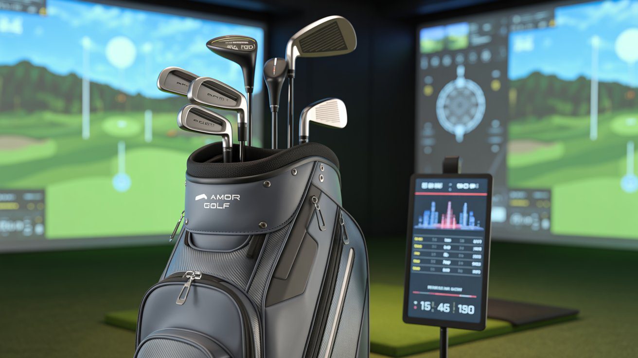 Tour quality golf bag for simulator players with modern design, premium clubs, and high-tech accessories in indoor golf training facility