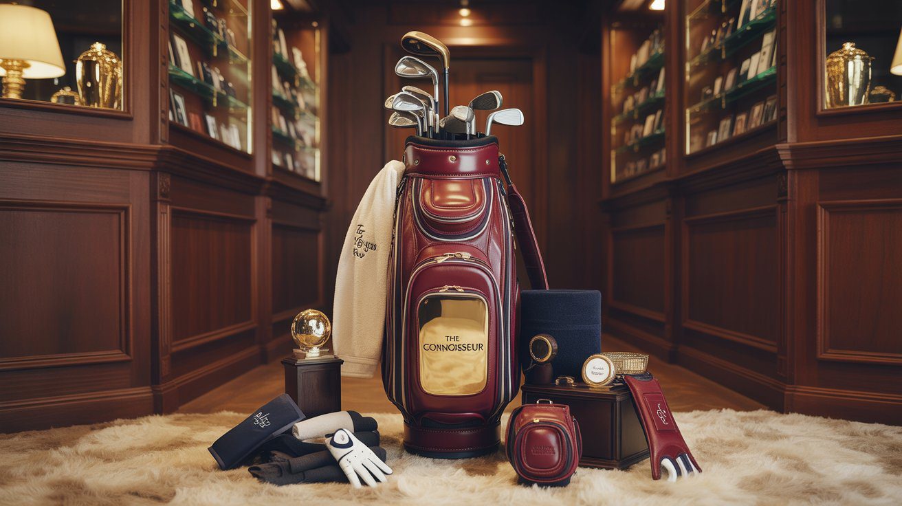 Luxury golf bag loaded with premium accessories including towels, ball markers, gloves, and gadgets for golf accessory collectors and enthusiasts