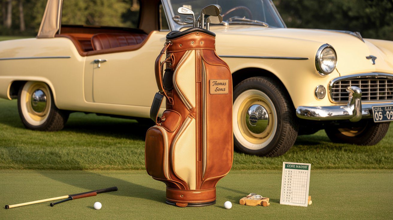 Vintage 1956 style golf bag with brown leather finish, brass hardware, and classic design elements from golf's golden era