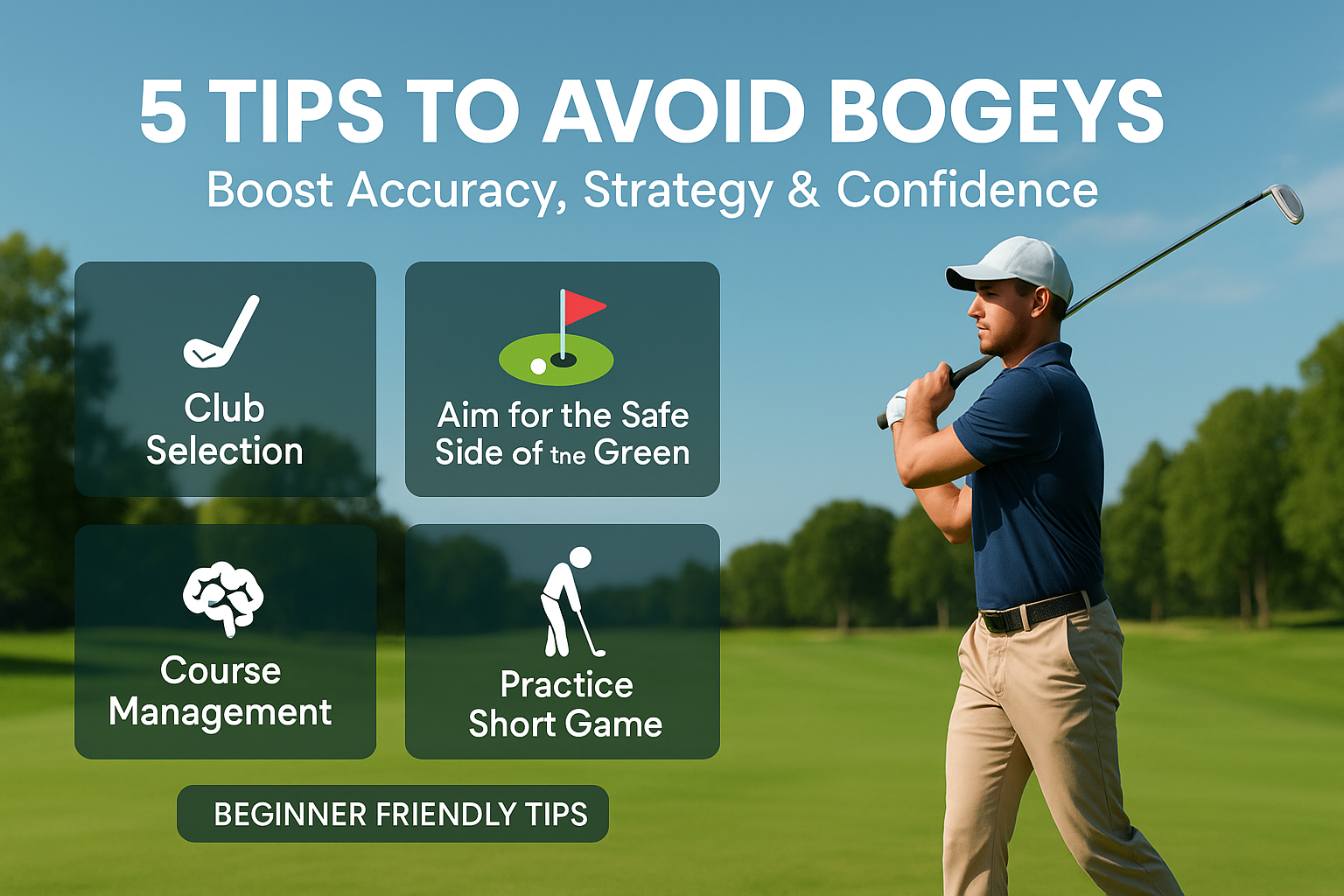 Golf course illustration showing what bogey means in golf — scoring one stroke over par — with simple infographic visuals and beginner-friendly explanation.