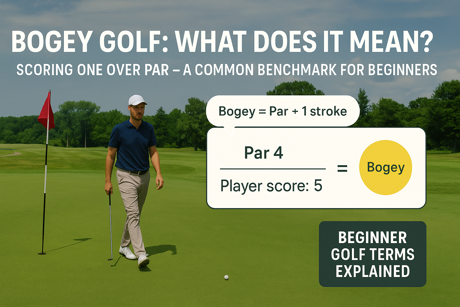 Golf course illustration showing what bogey means in golf — scoring one stroke over par — with simple infographic visuals and beginner-friendly explanation.