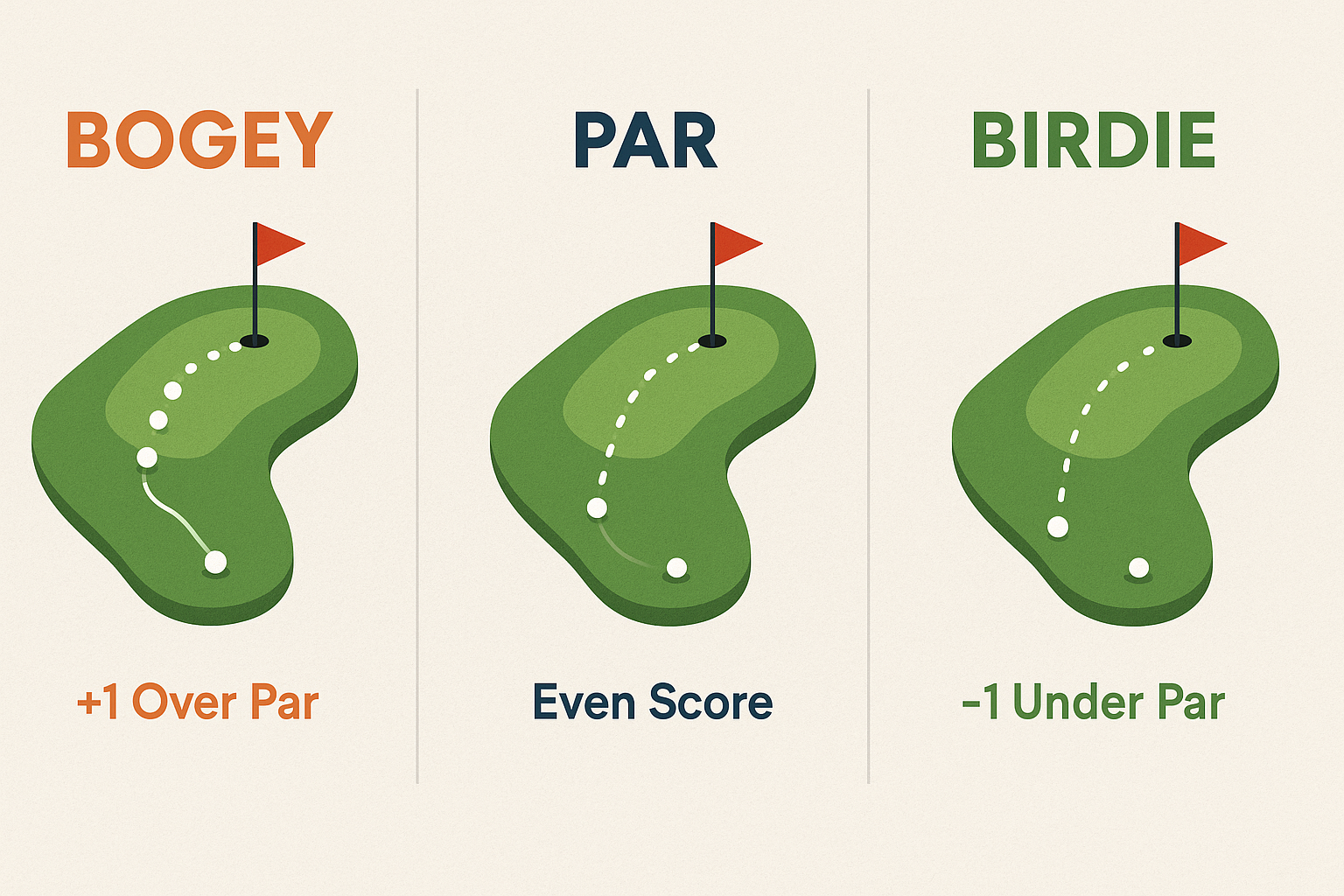 Side-by-side visual comparison of golf scoring terms: bogey (+1), par (even), and birdie (-1), with illustrated stroke counts on a par-4 hole and color-coded score labels for beginners.
