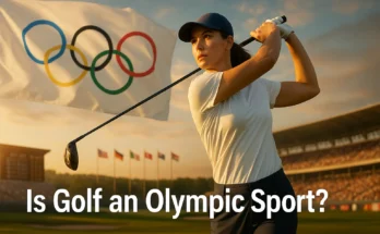 Olympic golfers teeing off at a lush, international golf course with Olympic rings, highlighting the sport’s return and evolution in the Summer Olympics, including Paris 2024 and the upcoming Los Angeles 2028 mixed-team events.
