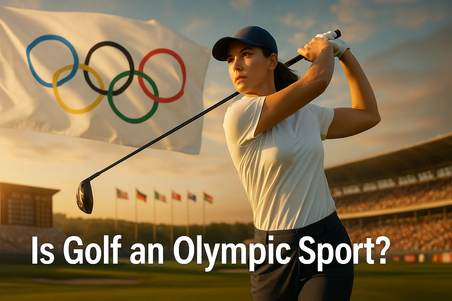 Olympic golfers teeing off at a lush, international golf course with Olympic rings, highlighting the sport’s return and evolution in the Summer Olympics, including Paris 2024 and the upcoming Los Angeles 2028 mixed-team events.