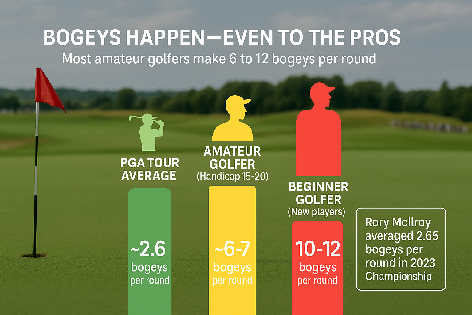 Infographic showing average number of bogeys per round by golfer type — PGA pros, amateurs, and beginners, with golf course background and labeled data bars.