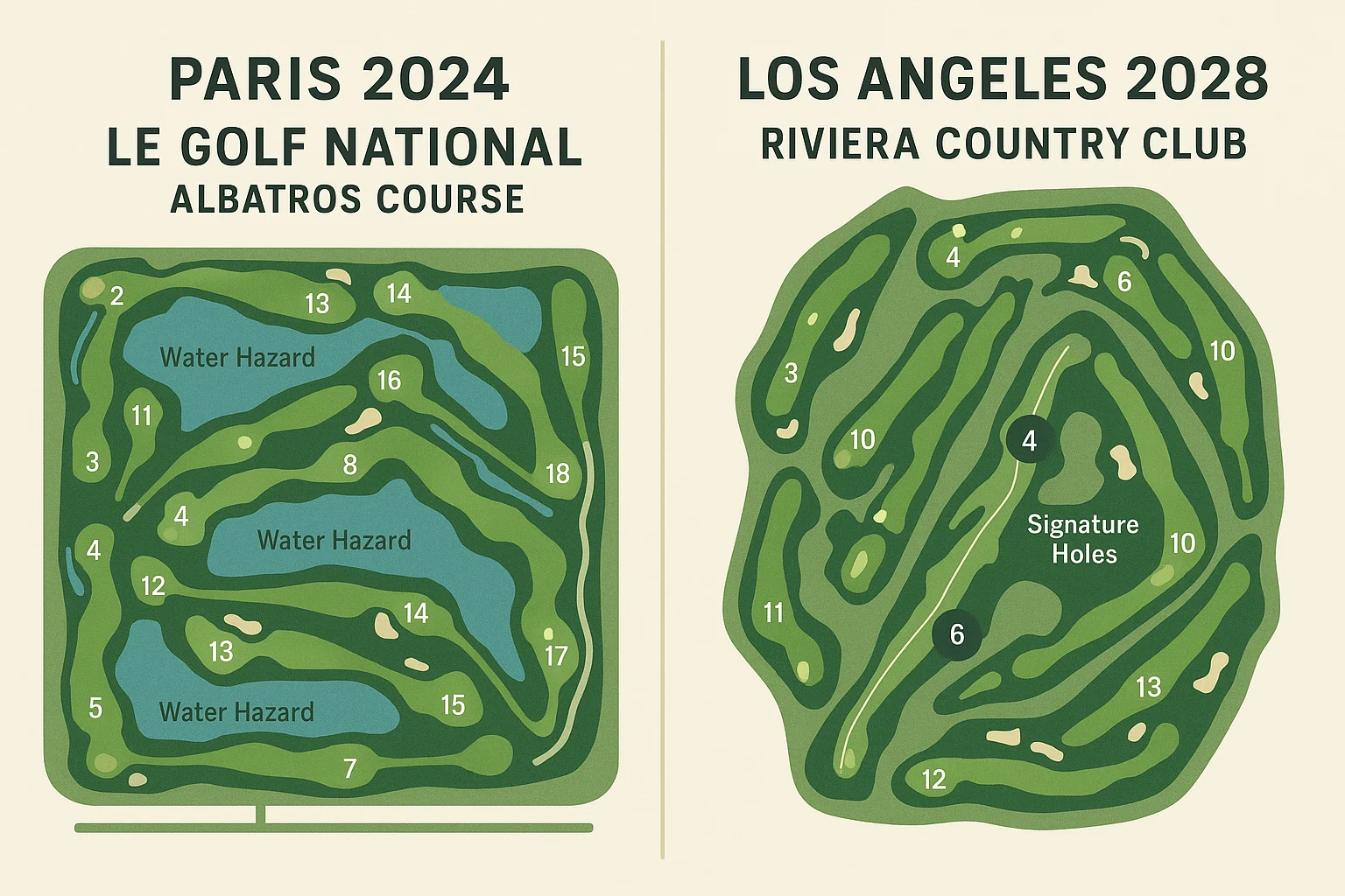 Detailed map showing layouts of Olympic golf venues: Paris 2024 Le Golf National Albatros and Los Angeles 2028 Riviera Country Club