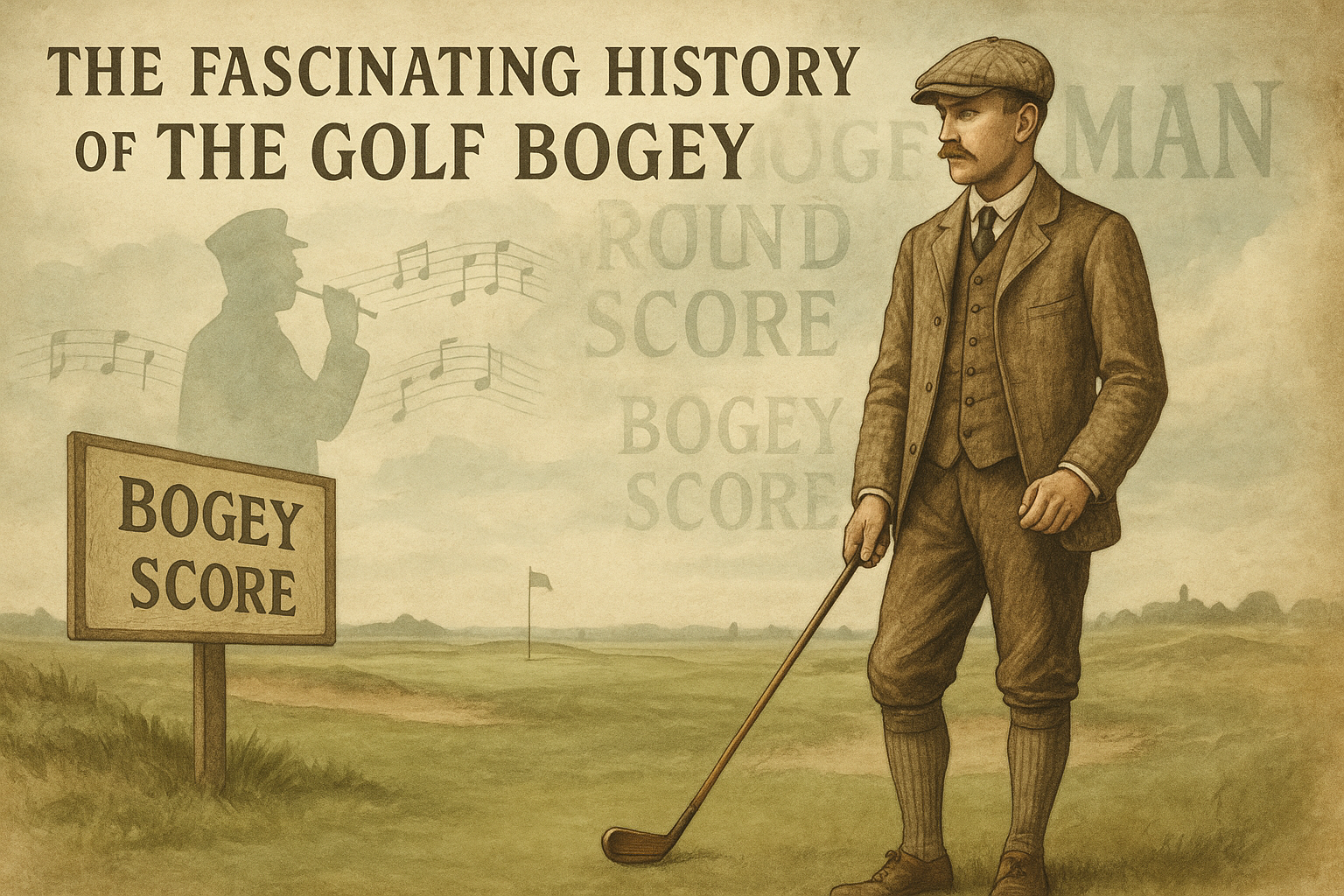 Vintage-style illustration of a 19th-century British golfer on an early golf course representing the historical origins of the golf bogey, with subtle nods to the Colonel Bogey character.