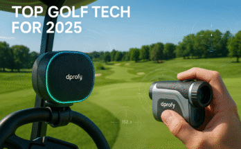 Golf course with Dprofy magnetic Bluetooth speaker and smart rangefinder in use – Top golf tech gadgets for 2025 showcasing AI-powered accessories and LED-lit speakers on a golf cart.