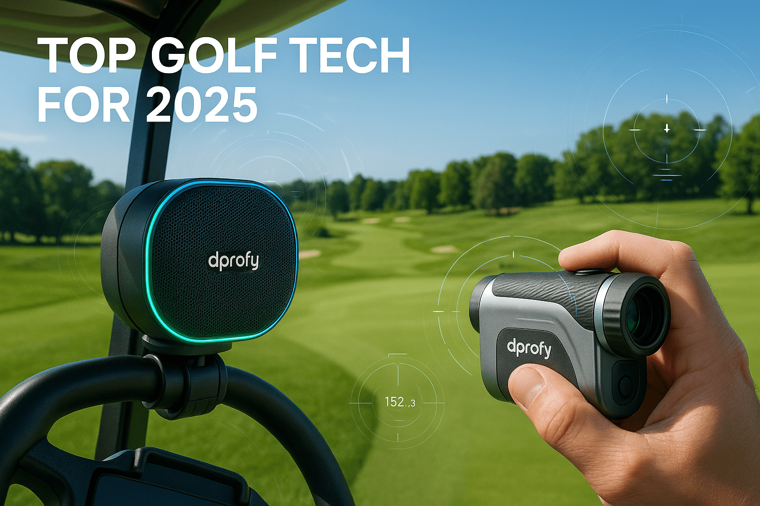 Golf course with Dprofy magnetic Bluetooth speaker and smart rangefinder in use – Top golf tech gadgets for 2025 showcasing AI-powered accessories and LED-lit speakers on a golf cart.
