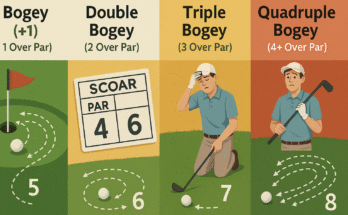 Visual chart showing different types of bogeys in golf — bogey, double bogey, triple bogey, and quadruple bogey — with stroke counts and labeled examples for beginners.