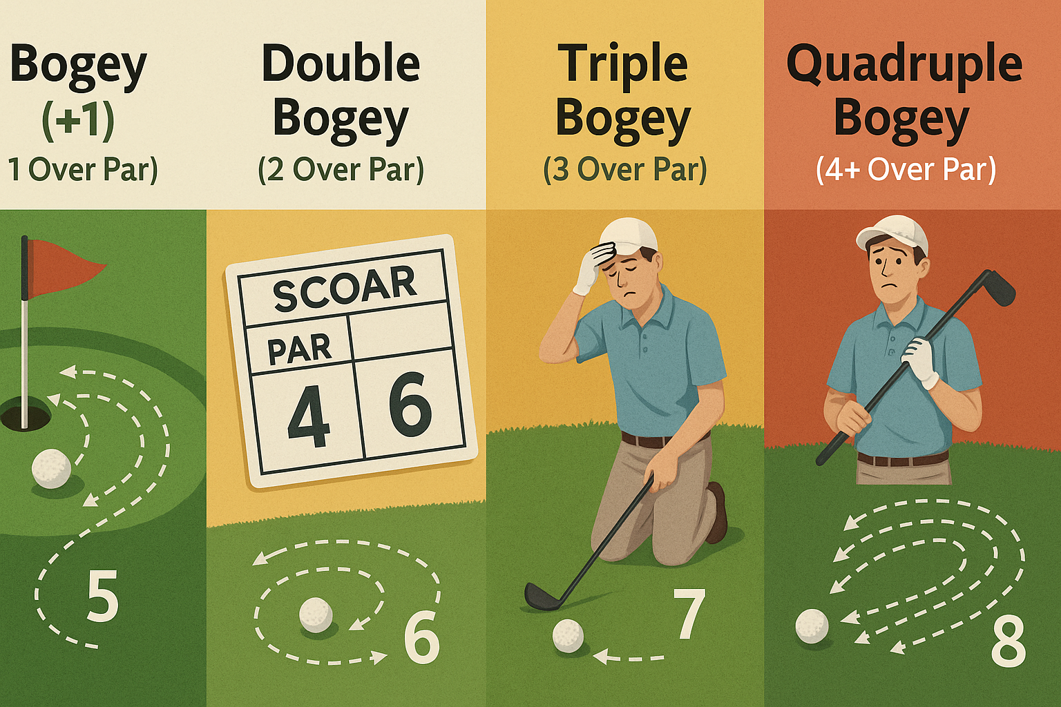 Visual chart showing different types of bogeys in golf — bogey, double bogey, triple bogey, and quadruple bogey — with stroke counts and labeled examples for beginners.