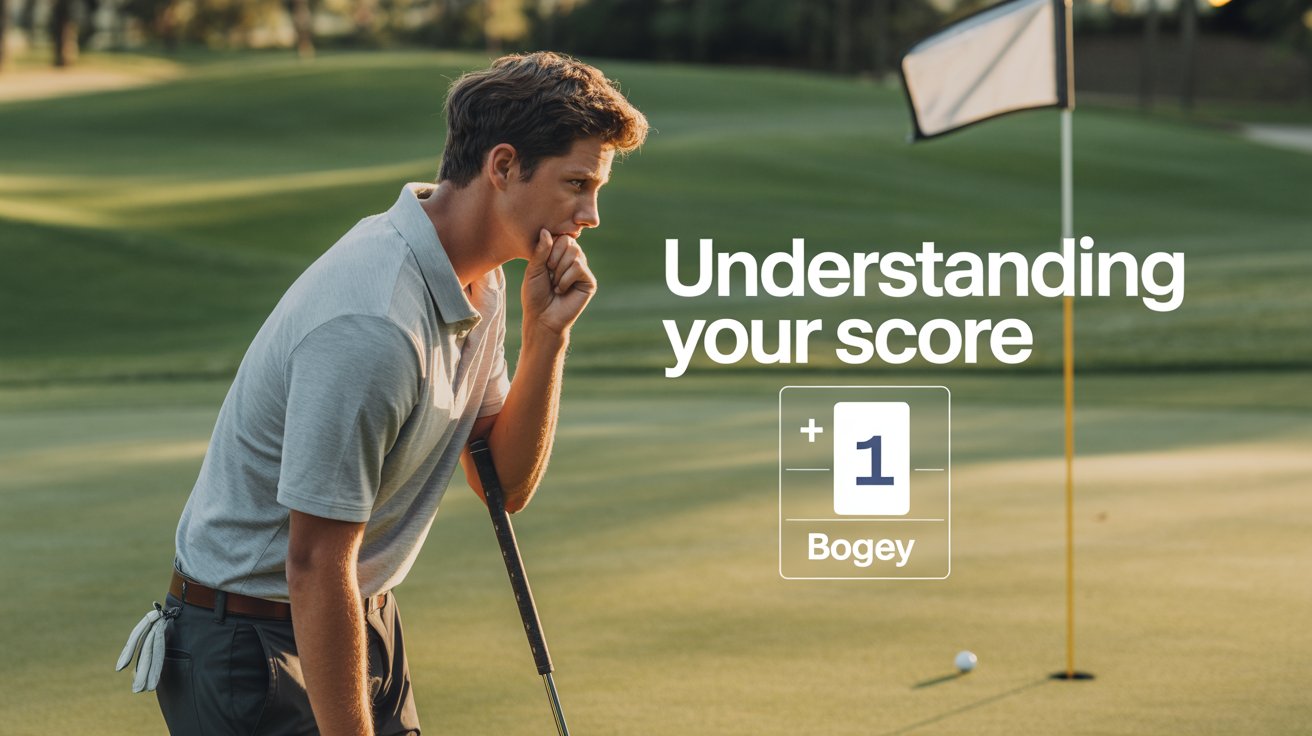 Amateur golfer on a sunny golf course reacting to a bogey score with a visible flagstick and scorecard showing +1 — educational image for beginners.
