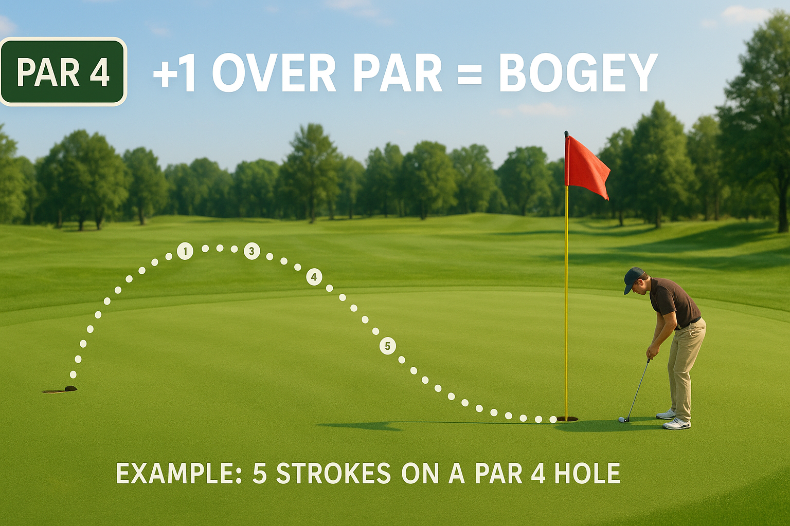 Visual explanation of a bogey in golf showing 5 strokes on a par-4 hole, labeled +1 over par — beginner-friendly infographic-style golf image.