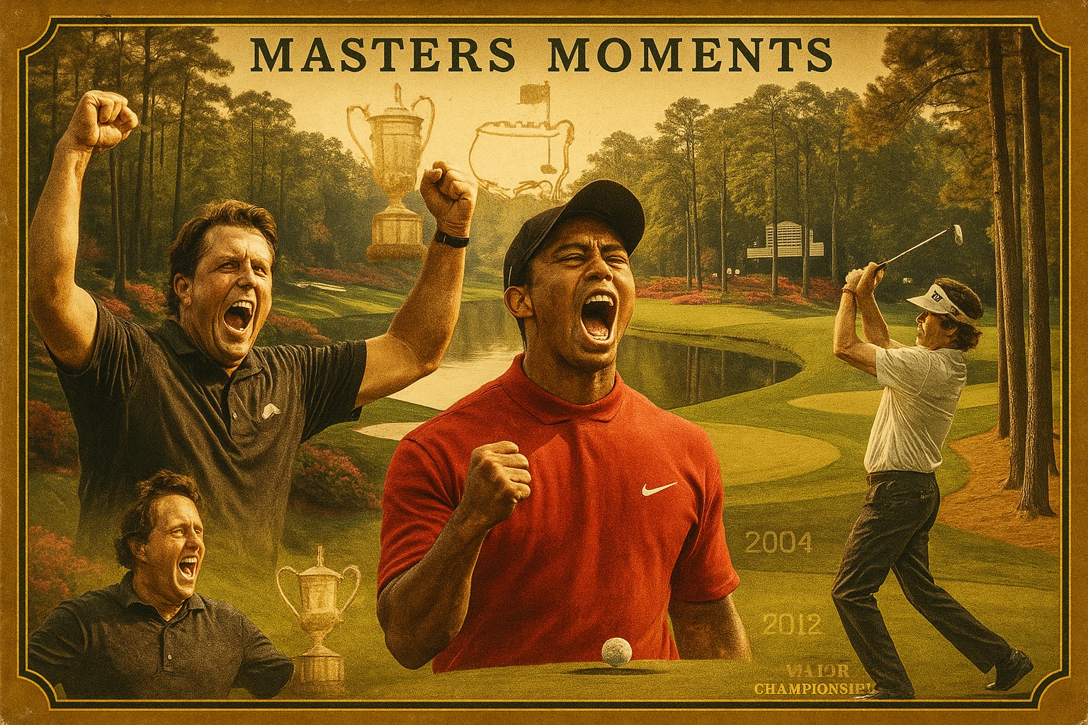 Historic golf eagle shots montage featuring Tiger Woods 2005 Masters celebration, Phil Mickelson emotional eagle reaction, and Bubba Watson championship moment on Augusta National golf course