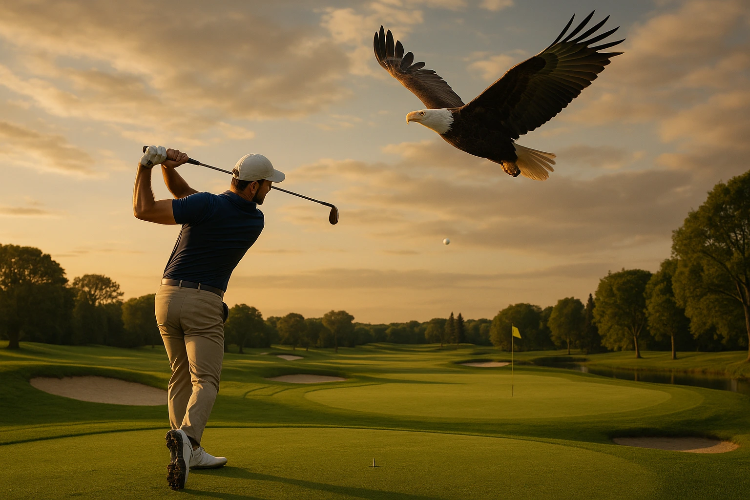 Professional golfer executing a powerful swing on a pristine golf course with a majestic eagle soaring overhead, symbolizing the precision and skill required to score an eagle in golf