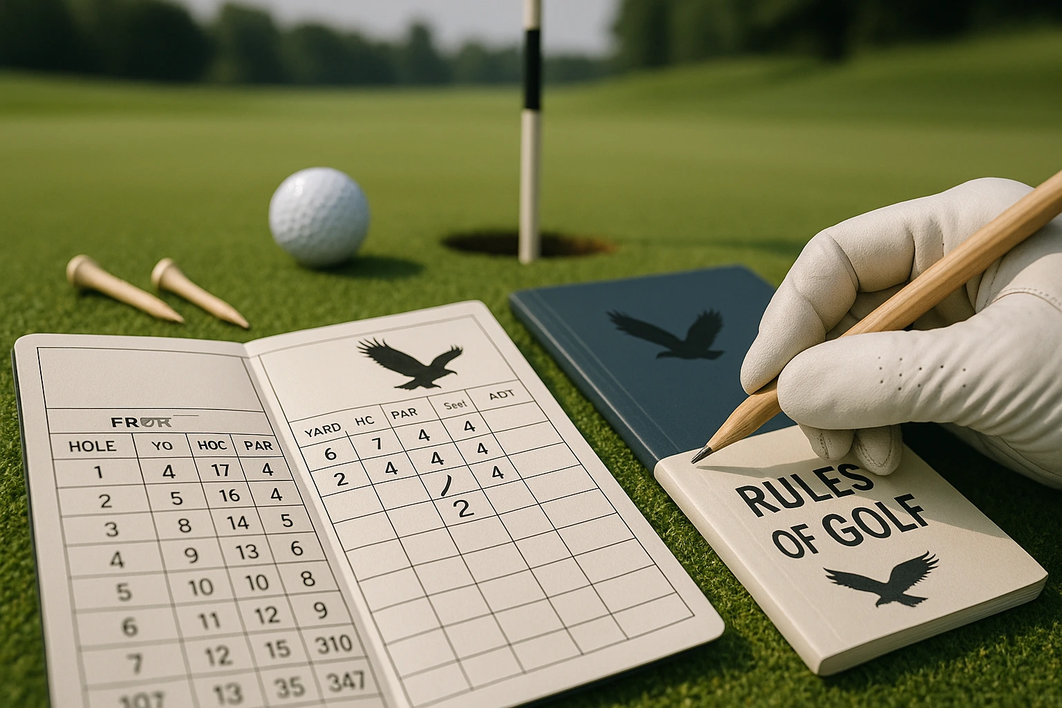 Official golf scorecard showing eagle score being recorded with pencil, surrounded by golf course elements including ball near hole and flag, illustrating proper eagle scoring rules and guidelines