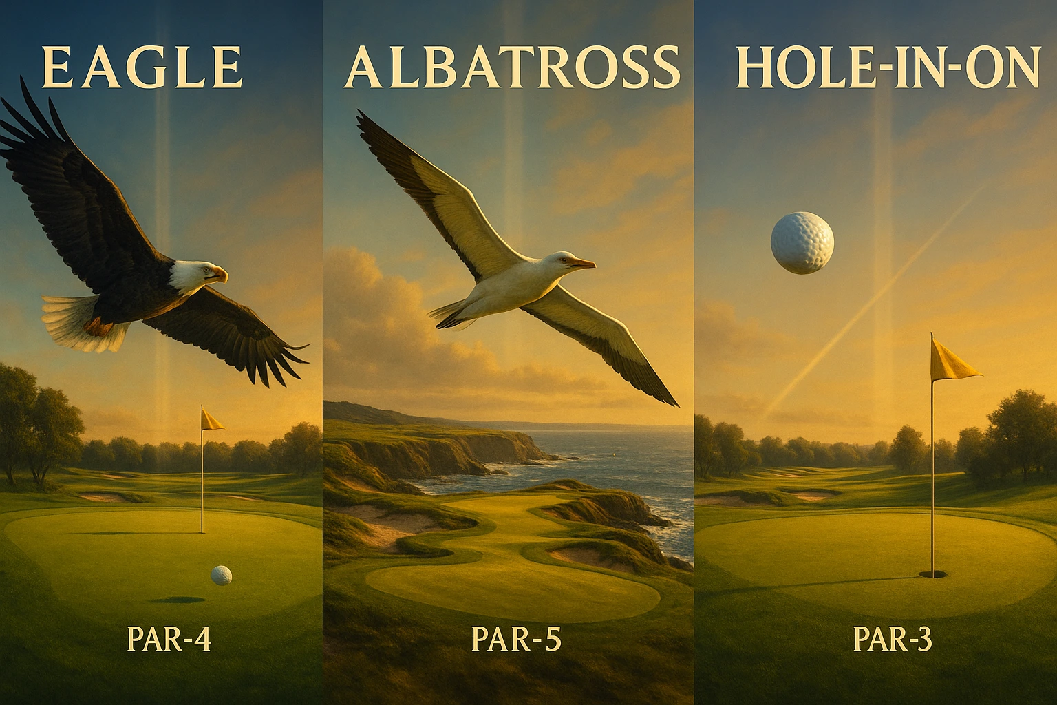 Split-screen golf comparison image showing three rare scoring scenarios: eagle with bald eagle flying over par-4 green, albatross with large seabird over challenging par-5 hole, and hole-in-one with golf ball trajectory toward par-3 pin, illustrating golf's rarest scoring achievements