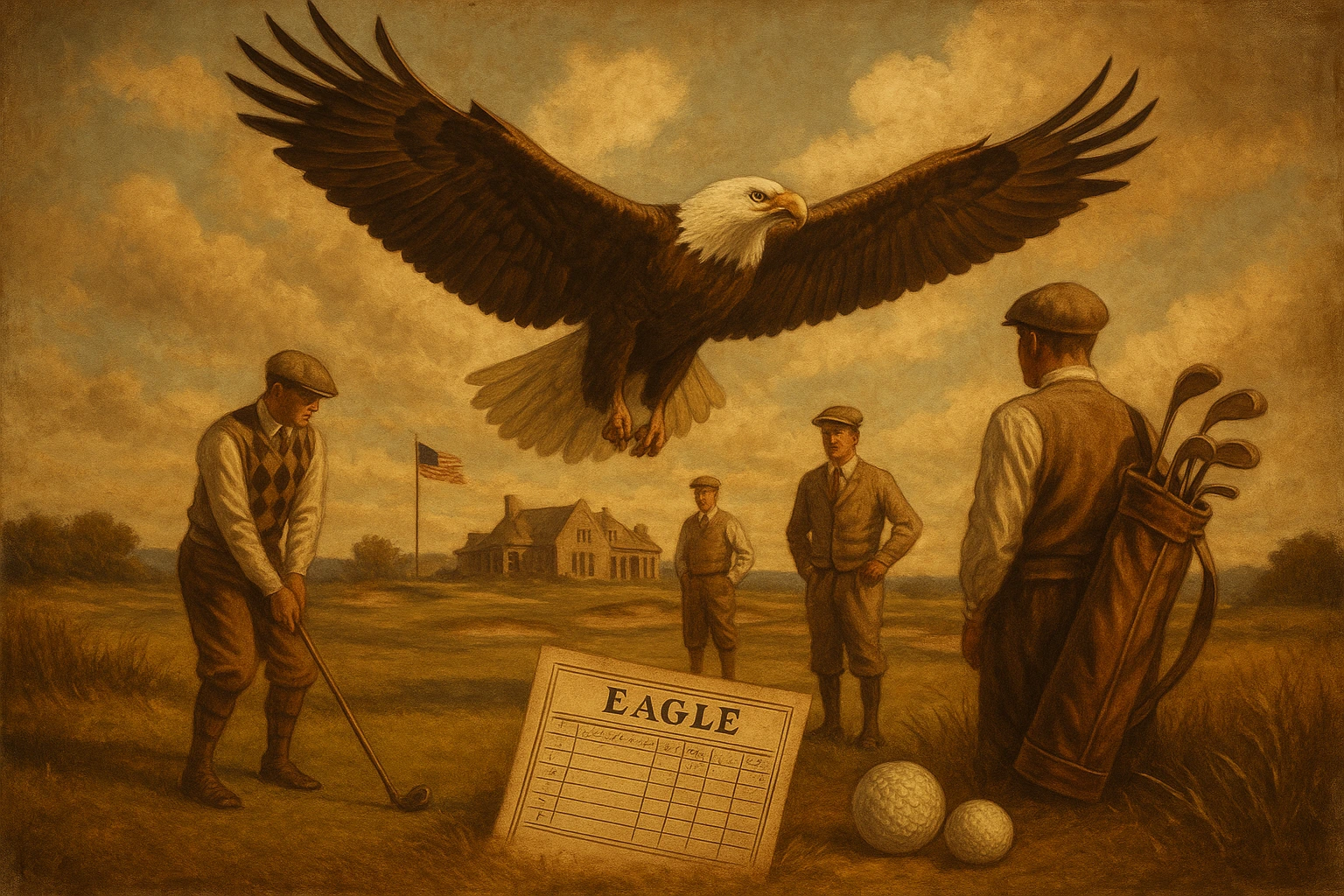 Vintage-style golf scene featuring golfers in 1920s attire on classic course with majestic bald eagle soaring overhead and period golf equipment, illustrating the historical origins of the golf term 'eagle' in American golf culture