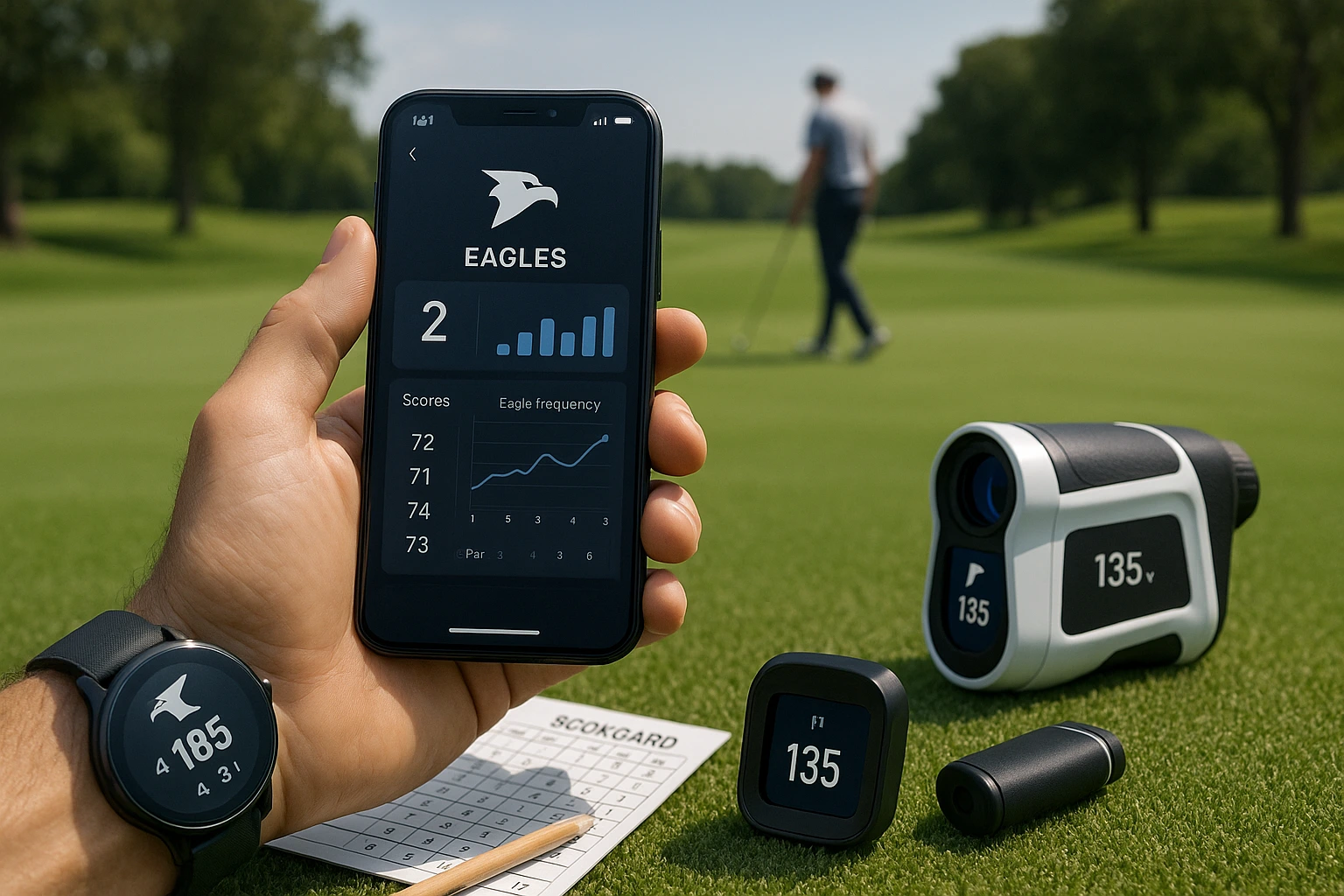 Modern golf technology setup showing smartphone with golf tracking app displaying eagle statistics, GPS golf watch, and golfer using digital tools on contemporary course, illustrating modern resources for tracking golf eagles