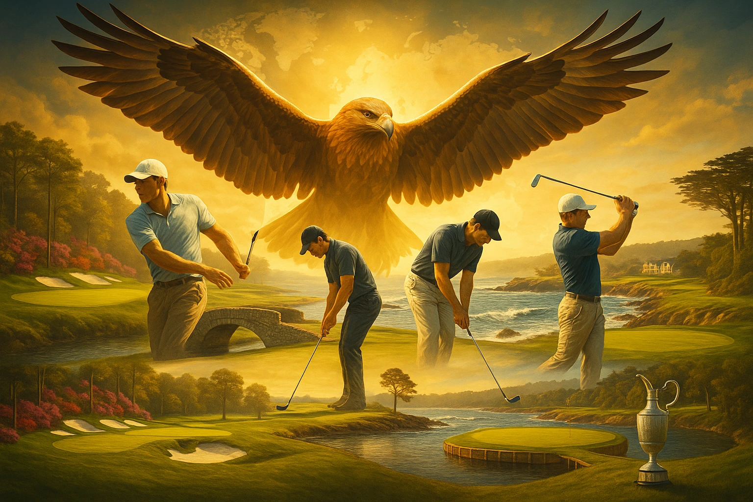 Multi-course golf montage featuring iconic holes from world-famous golf courses with golden eagle soaring above, showing professional golfers attempting eagles at legendary venues like Augusta National, St. Andrews, and Pebble Beach