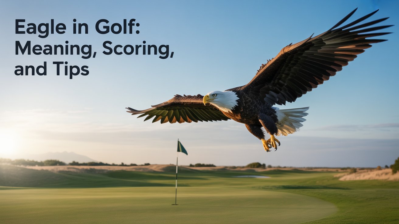 A majestic eagle flying over a lush green golf course with a golf ball near the hole under a bright blue sky, symbolizing an “eagle” score in golf.