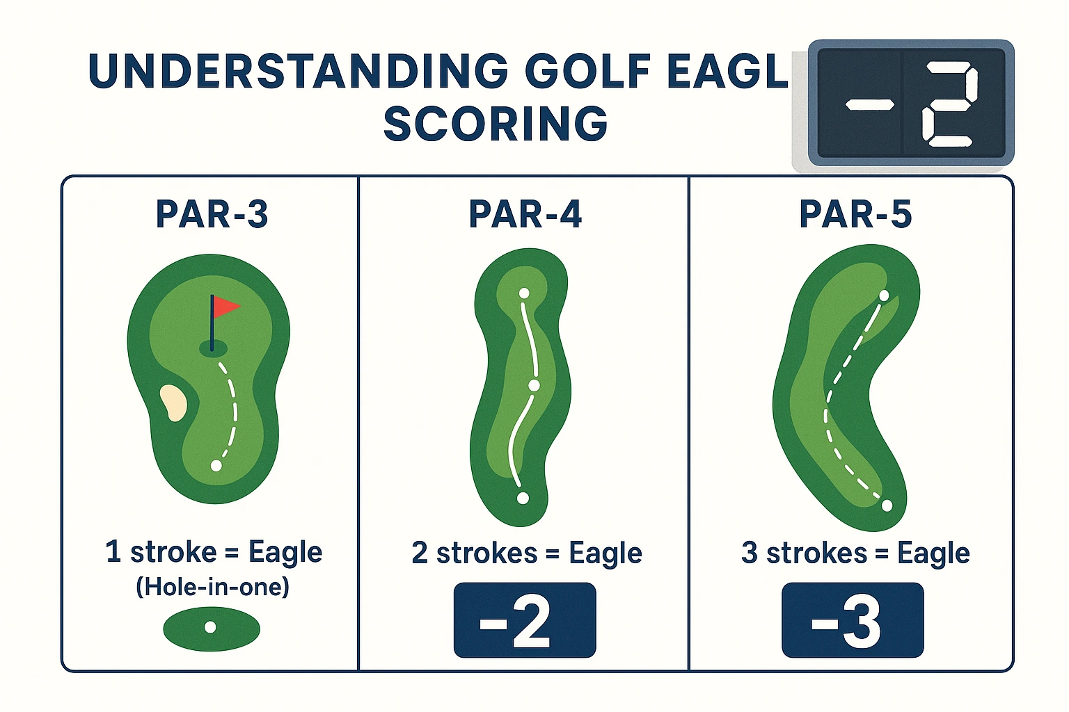 Golf hole diagrams showing eagle scoring examples on par-3, par-4, and par-5 holes with yardage markers and shot trajectories