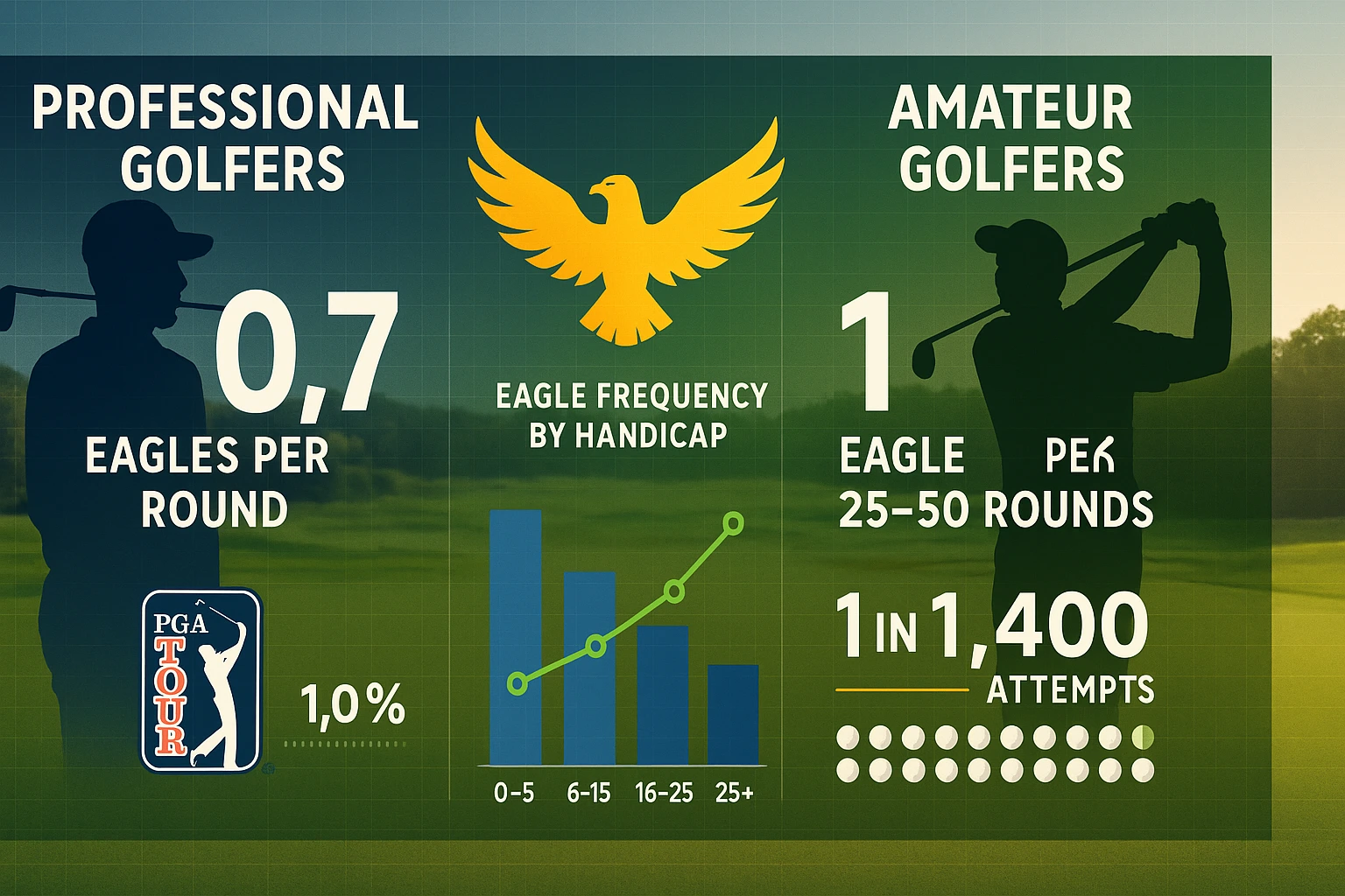 Golf eagle statistics infographic comparing professional golfer rates (0.7 per round) versus amateur frequency (1 per 25-50 rounds) with handicap-based probability data