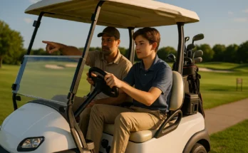 Teenager learning to drive golf cart with adult instructor supervision