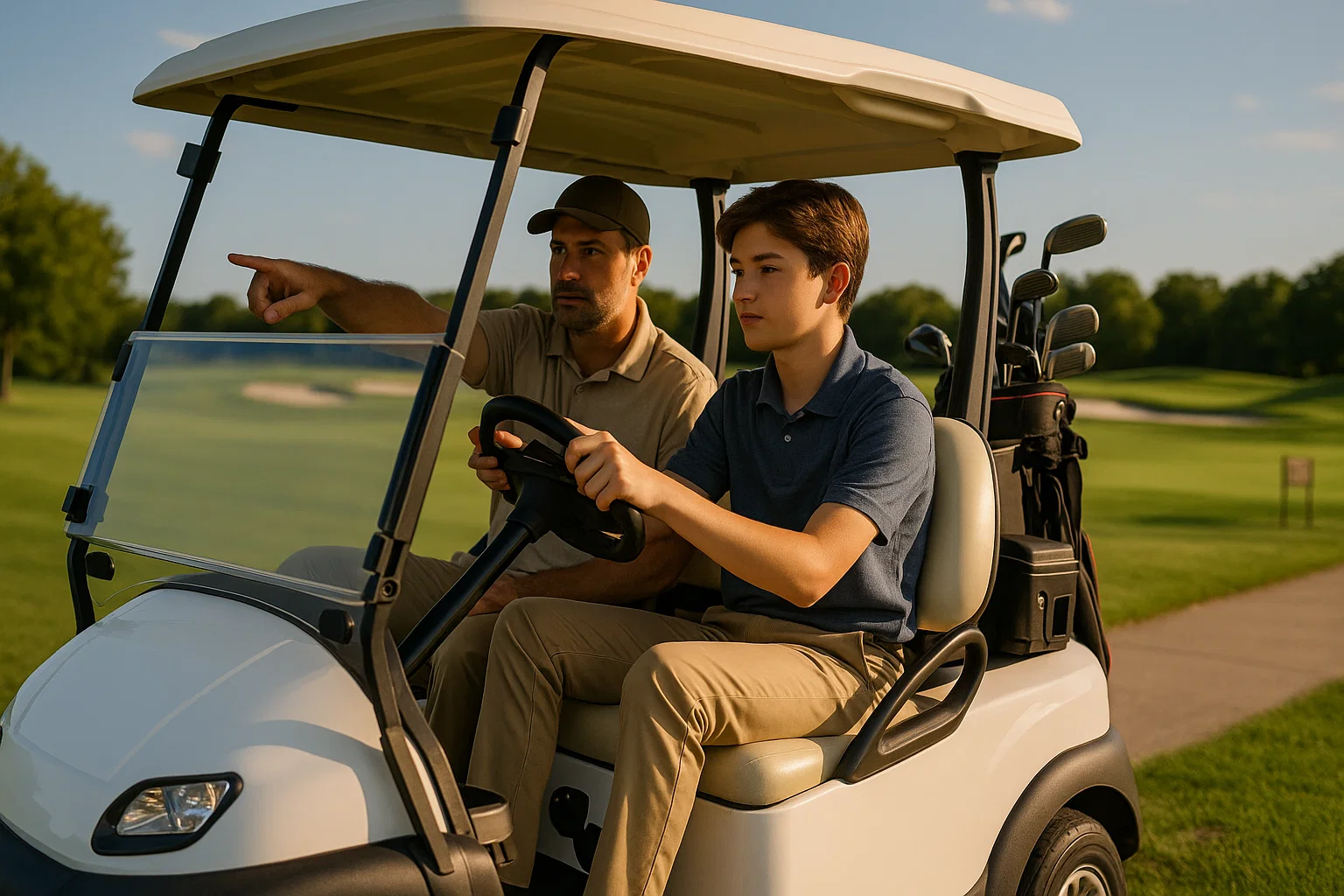 Teenager learning to drive golf cart with adult instructor supervision