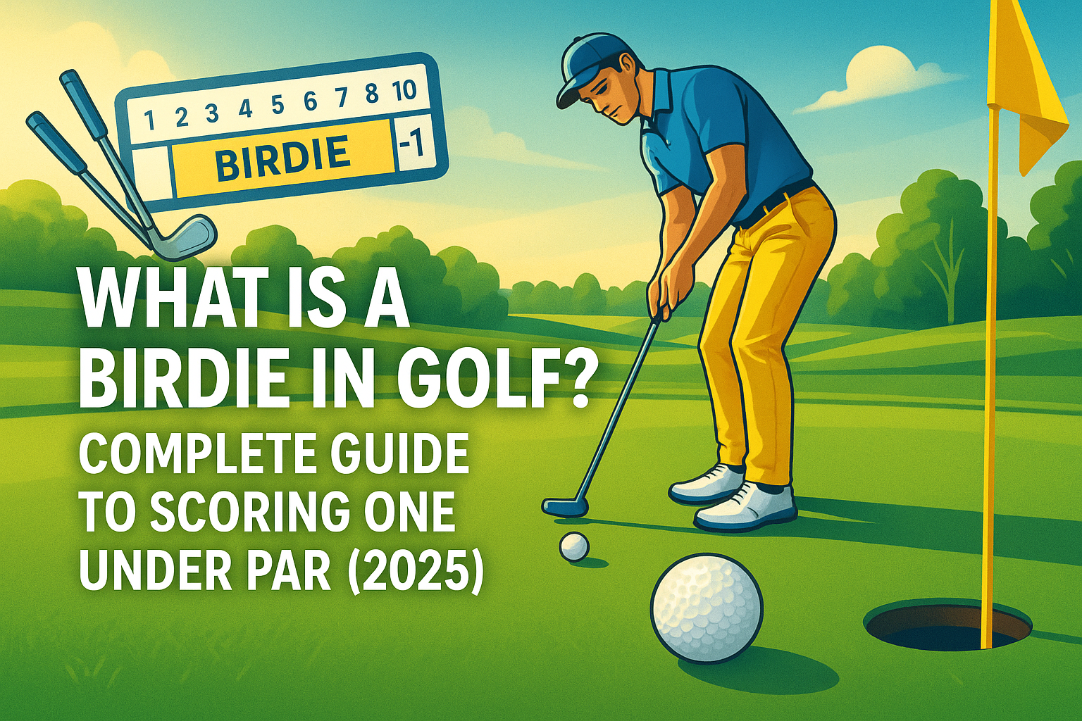 Golfer celebrating a birdie on a vibrant golf course with graphical scorecard overlay showing birdie, eagle, and par scoring terms; includes subtle vintage golf elements representing golf's history.