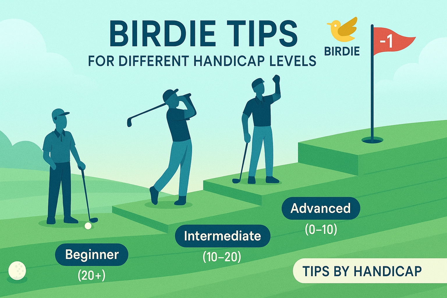 Illustration showing birdie tips for beginner, intermediate, and advanced golfers with skill-level visual path
