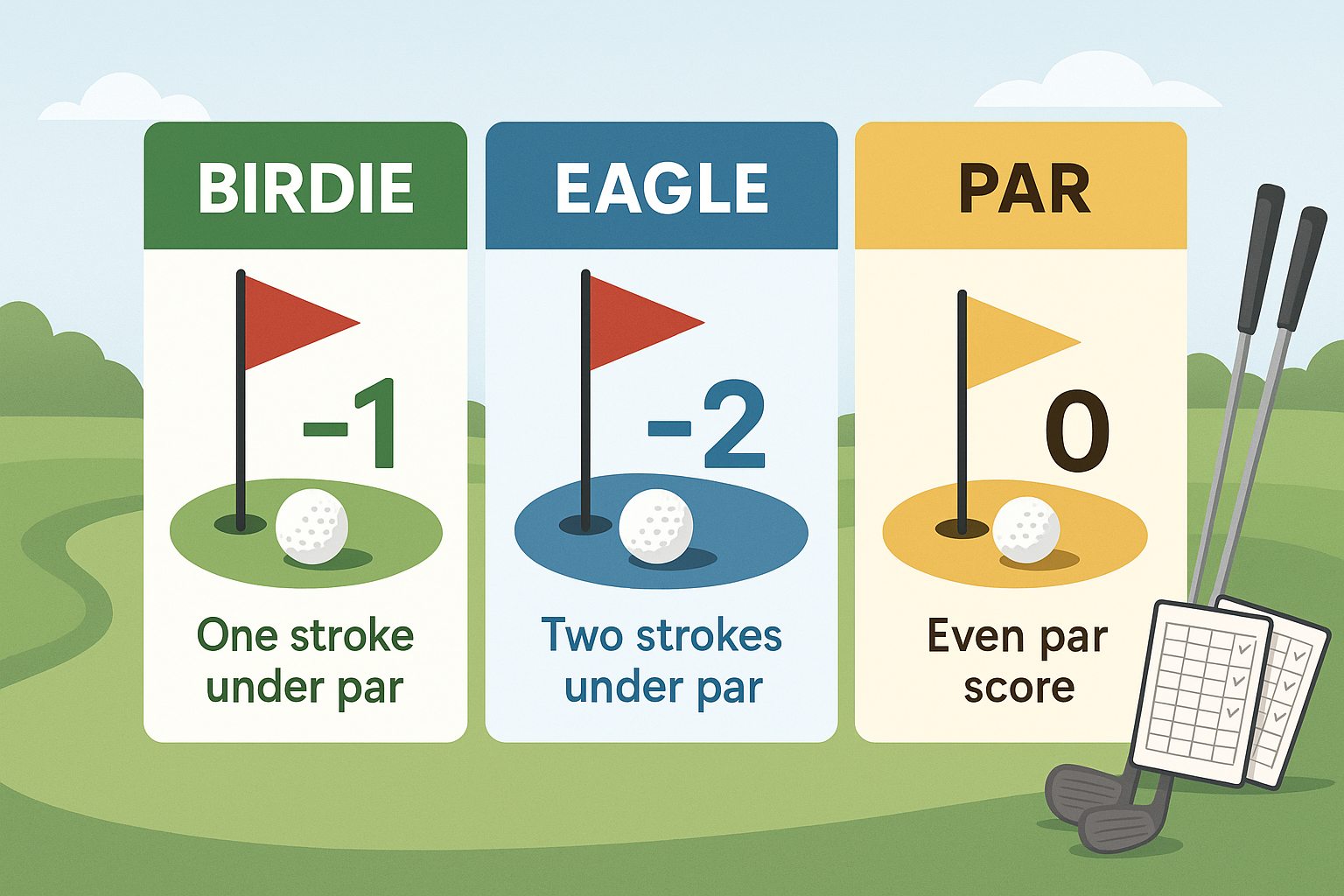 Golf scoring comparison showing birdie, eagle, and par with illustrations of holes and strokes