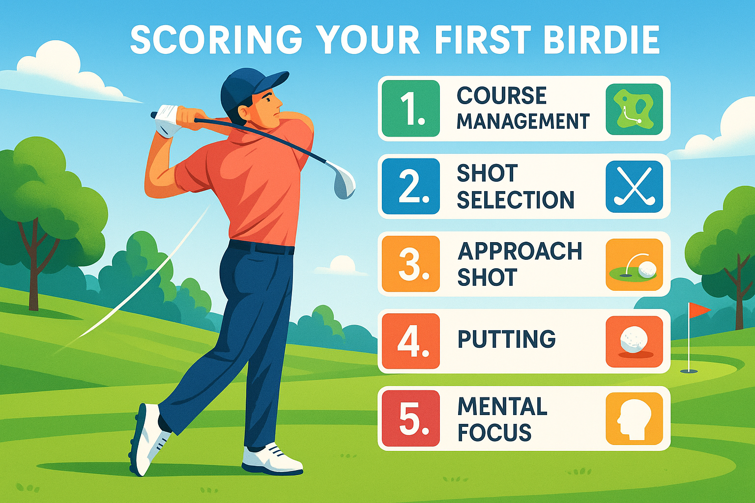 Step-by-step golf scoring guide showing shots leading to a birdie