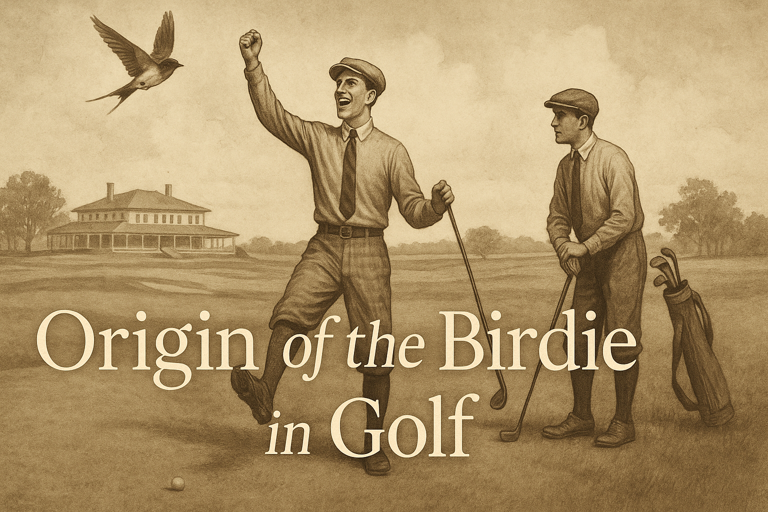 Vintage golfers at Atlantic City Country Club with bird overhead - origin of birdie in golf