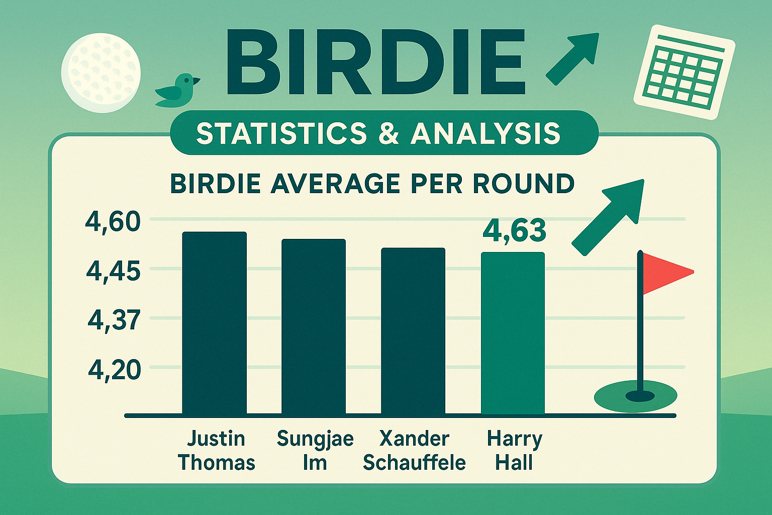 Infographic showing professional golfer birdie stats with performance charts and scoreboard