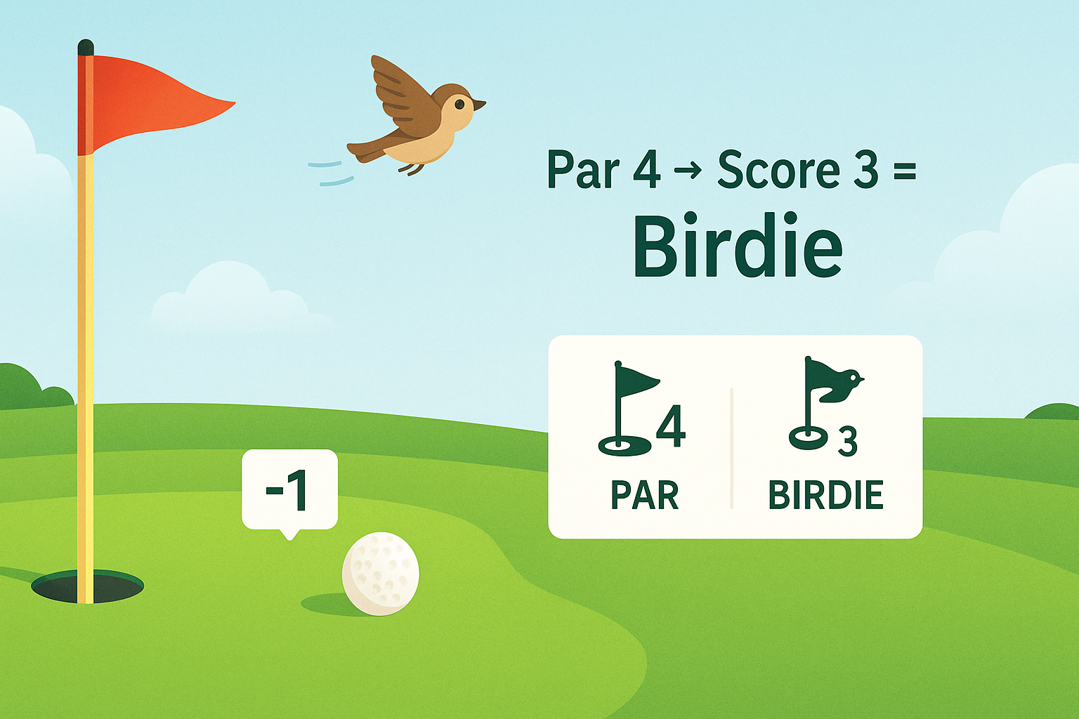 Golf hole with flag and bird symbol showing what birdie means in golf