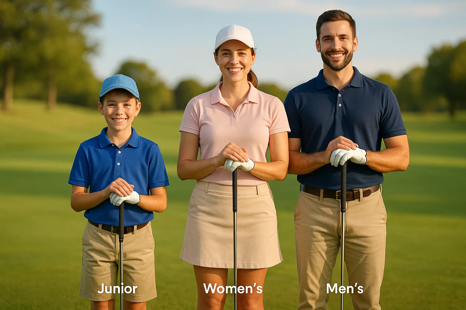 Comparison of golf club lengths for junior, women's, and men's golf clubs showing size differences