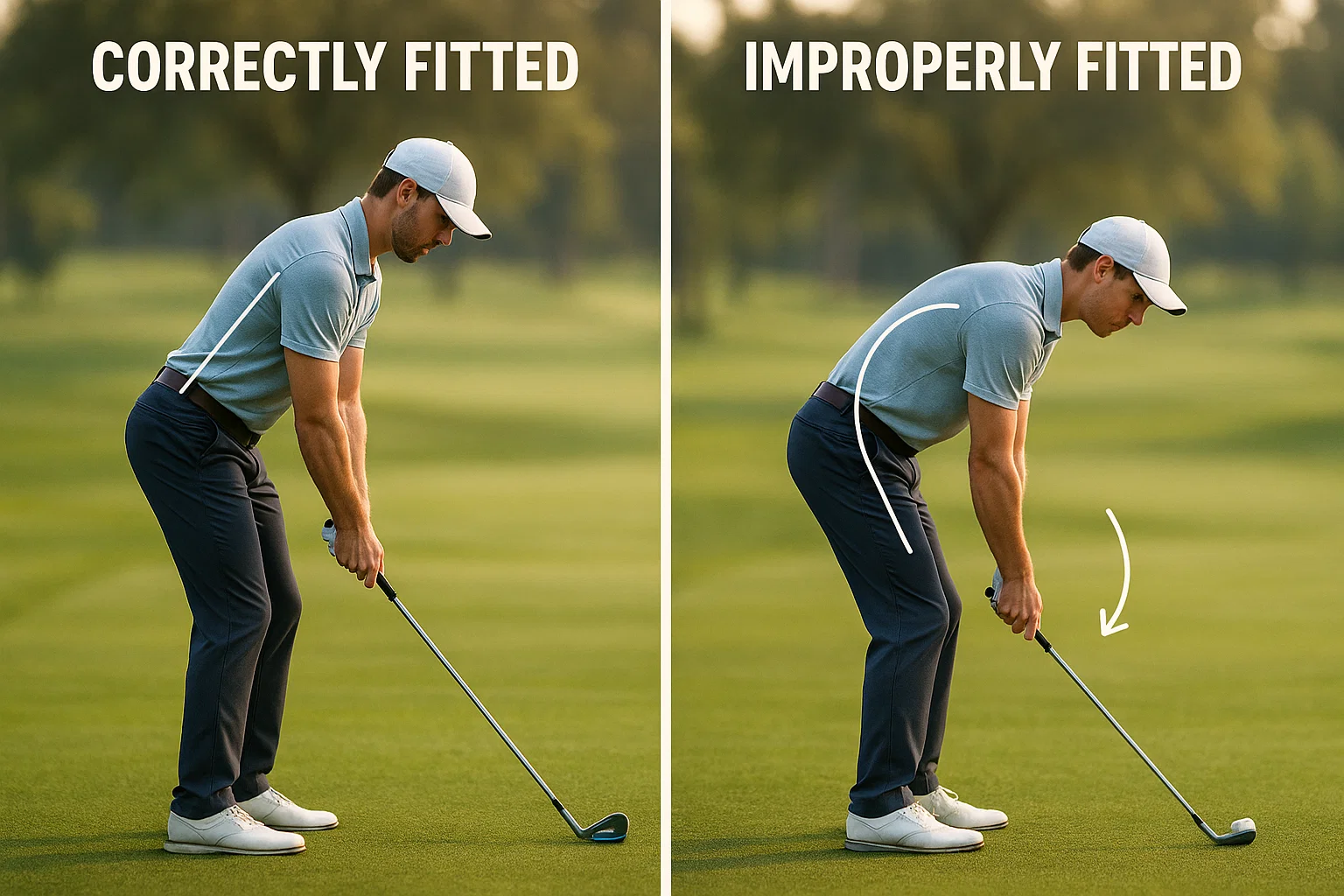 Golfer demonstrating proper posture with correctly fitted golf clubs versus poor posture with incorrect club length