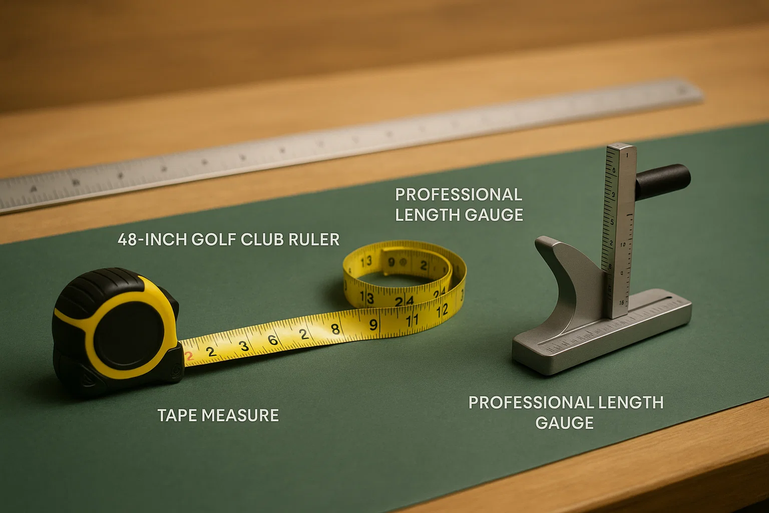 Golf club measurement tools including 48-inch ruler, tape measure, and professional measuring gauge