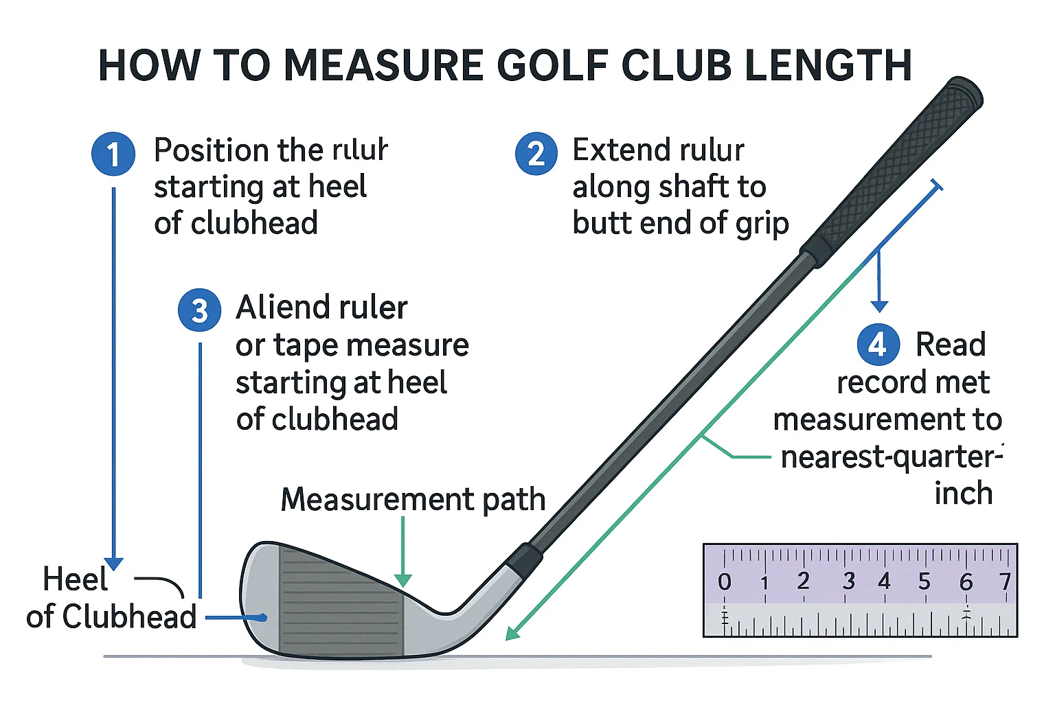 Step-by-step visual guide showing proper golf club measurement technique with ruler placement