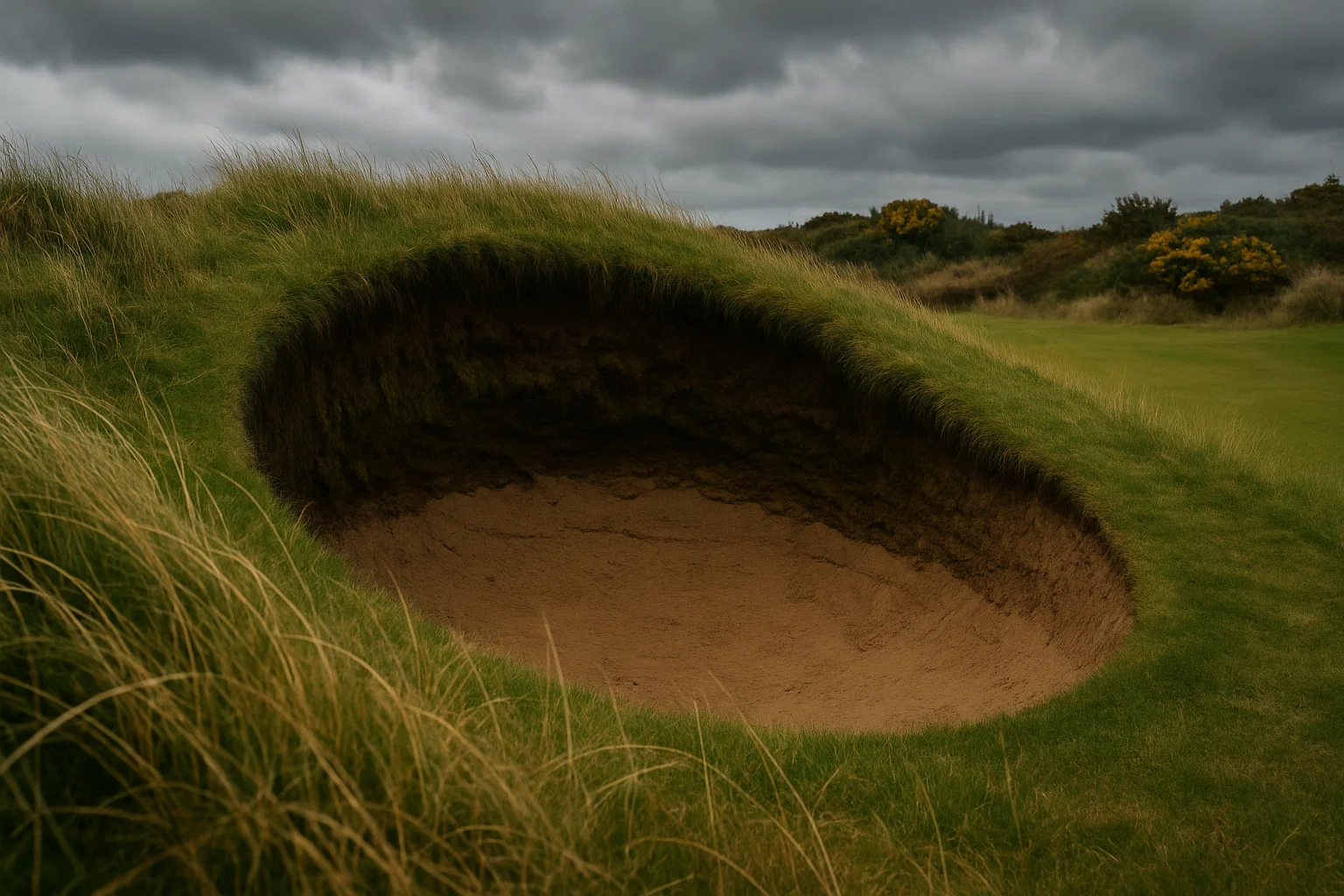 Close-up view of authentic links golf course showing natural pot bunker with steep grass faces, wild fescue grass, sandy soil, and coastal gorse vegetation under moody overcast sky